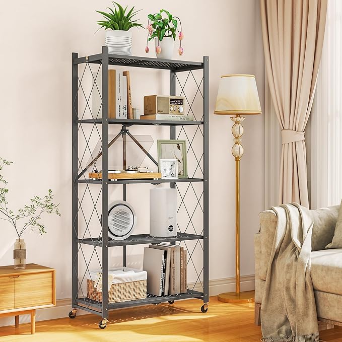 Folding Metal Storage Shelf 5 Tier with Wheels Heavy Duty Utility Rack Foldable Design 750lbs Capacity Adjustable Standing Shelf Organizer for Kitchen Garage Living Room(Gray-A, 5-Tier)