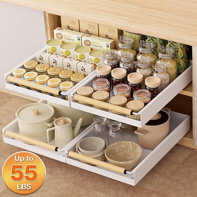 2 Pack Pull out Cabinet Organizer, 16" Deep Pull Out Drawer for Kitchen Cabinets Adhesive with Nano Film, Slide out Cabinet Organizer Shelf for Pantry Bathroom Organization White