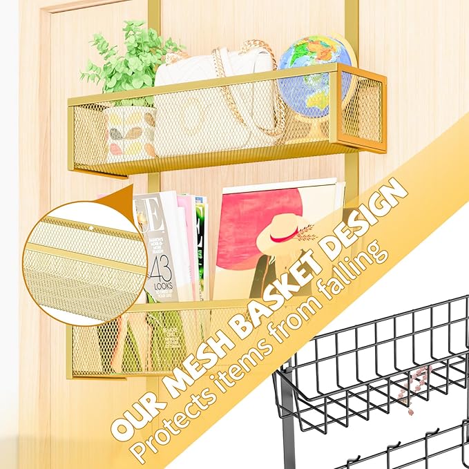 Kaiferty Over The Door Hooks Organizer,Coat Rack with 12 Hooks and 2 Mesh Baskets,Back of Door Storage Organizer for Bathroom,Bedroom,Kitchen,Office (Gold)