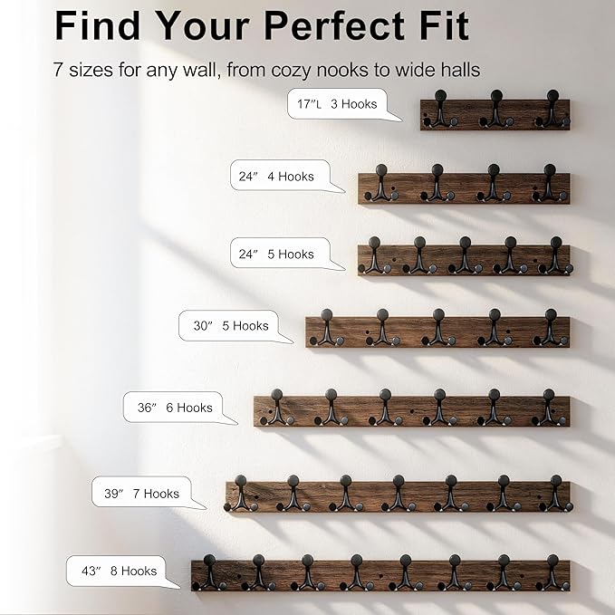 SKOLOO 43-Inch Wood Burnt Coat Rack Wall Mount with 8 Triple Hooks - Ideal for Family Entrances, Classrooms, and Pet Supplies Storage - Perfect Coat Hooks for Wall, Pack of 2