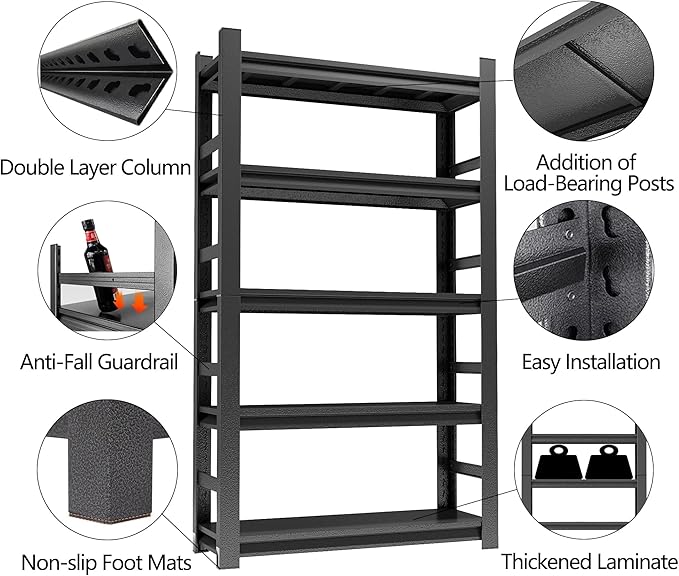 5-Tier Kitchen Shelf Organizer, Solid Metal Adjustable Storage Rack for Pots, Pans, Bottles & Pantry Goods, Space-Saving, Black 72''H×35.4''W×15.7''D