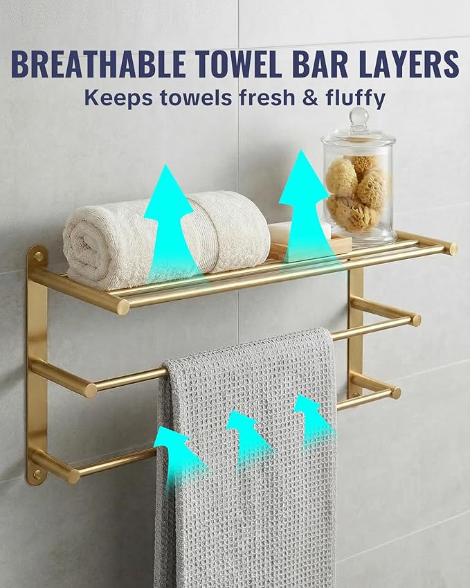 24 Inch Towel Racks for Bathroom: Brushed Gold Towel Rack with Double Towel Bar Wall Mounted - SUS304 Stainless Steel Bath Towel Holder with Shelf for Hotel Lavatory