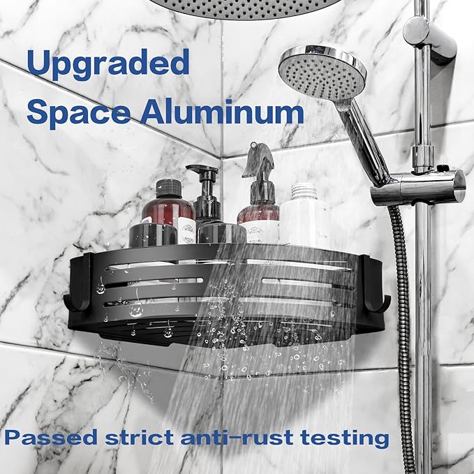 Corner Shower Caddy, 2 Pack Adhesive Shower Caddy Shelf Organizer Shelves Rustproof Stainless Steel Bathroom Organizers with 4 Hooks, No Drilling Wall Mounted Rack for Bathroom Kitchen, Black