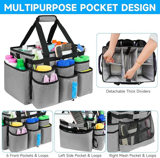 Large Rolling Cleaning Caddy Bag with Detachable Trolley,Cleaning Cart on Wheels with Shoulder Strap,Cleaning Supplies Organizer for Housekeepers,Gray