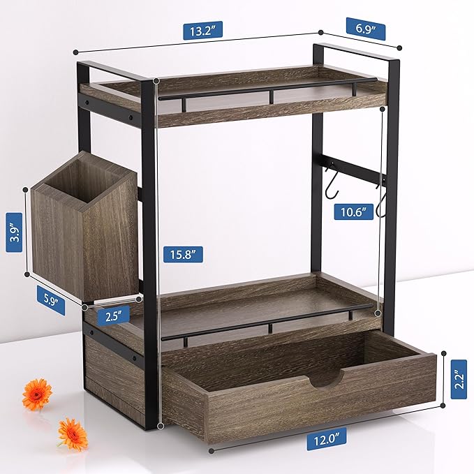 2-Tier Wood Bathroom Counter Organizer, Countertop Organizer with Drawer and Storage Basket, Bathroom Sink Organizer for Vanity, Skincare, Makeup, and Daily Essentials (Dark Brown)
