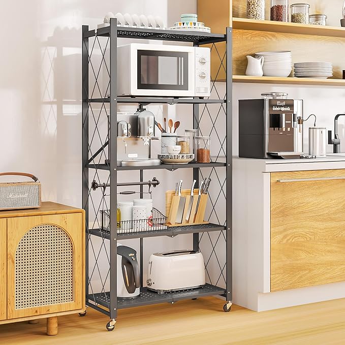 5-Tier Folding Metal Storage Rack - 63" Heavy-Duty Steel Frame with Wheels, No Assembly Utility Organizer, Rolling Shelving Unit for Kitchen, Garage, Pantry, Bedroom (Gray, 5 Tier)