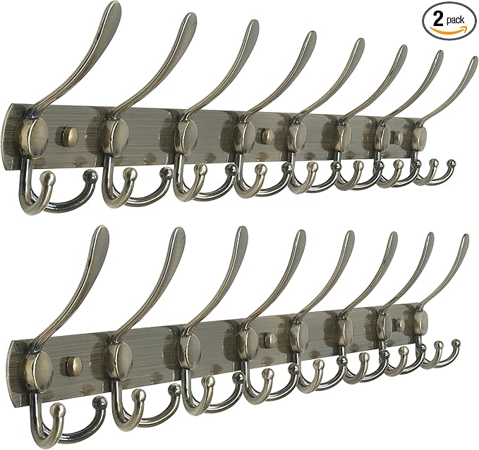 Dseap Coat Rack Wall Mount - 29.5” Long 8-Tri-Hooks Heavy Duty Coat Hanger Rail Wall Hooks for Hanging Coats Hats Clothing Clothes Purse Mudroom Entryway, Bronze, Pack of 2