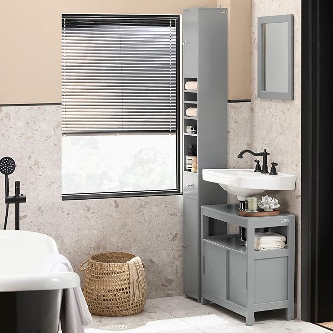 Haotian Bathroom Narrow Storage Cabinet Skinny Tall Unit with Adjustable Shelves Slender Anti-Tipping Floor Standing Cupboard, Gray BZR34-HG