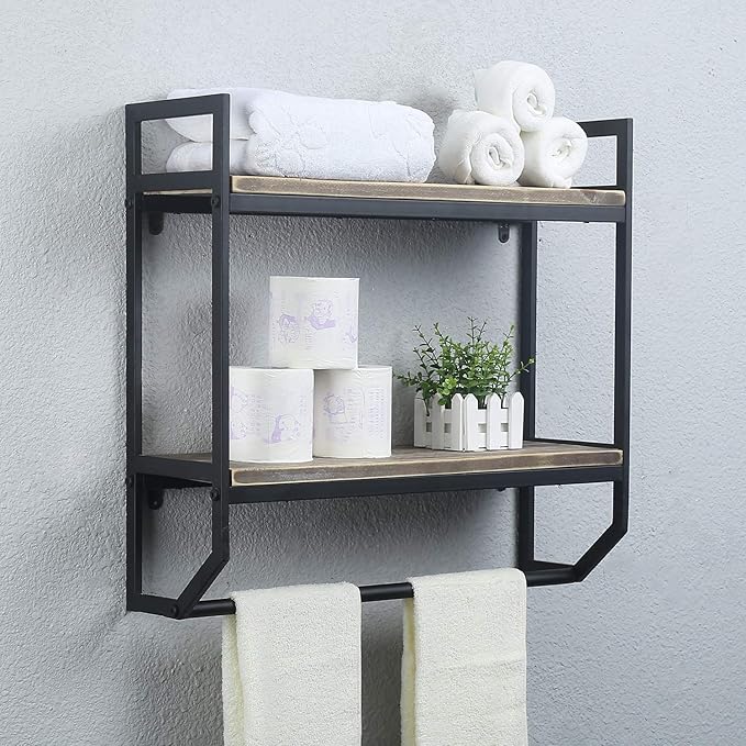 Towel Rack with Towel Bar,2-Tier 24" Bathroom Shelves Wall Mounted,Rustic Wall Shelf Over Toilet,Utility Storage Shelf Rack,Floating Shelves Towel Holder,Black