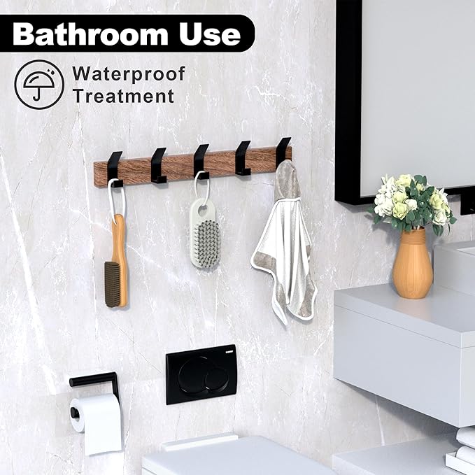 17 Inch Black Walnut Wood Wall Mounted Coat Rack with 4 Black L Hooks, Adhesive Mounted Entryway Hooks, Modern Natural Wooden Pegs for Hanging Coat Clothes Hat Bag Purse Key and Towel