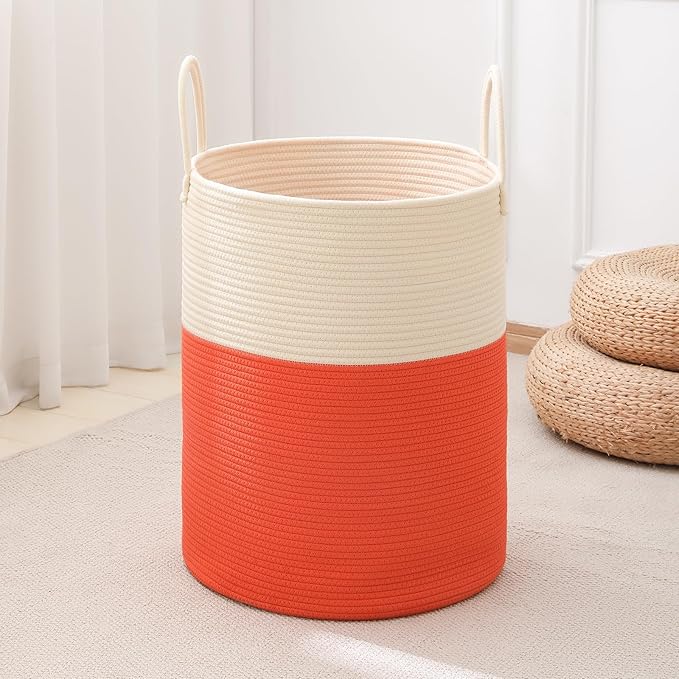 Woven Laundry Hamper Tall Rope Storage Basket for Blanket oys Dirty Clothes in Living Room Bathroom Bedroom (White&Orange, 80L/21.3Gal)