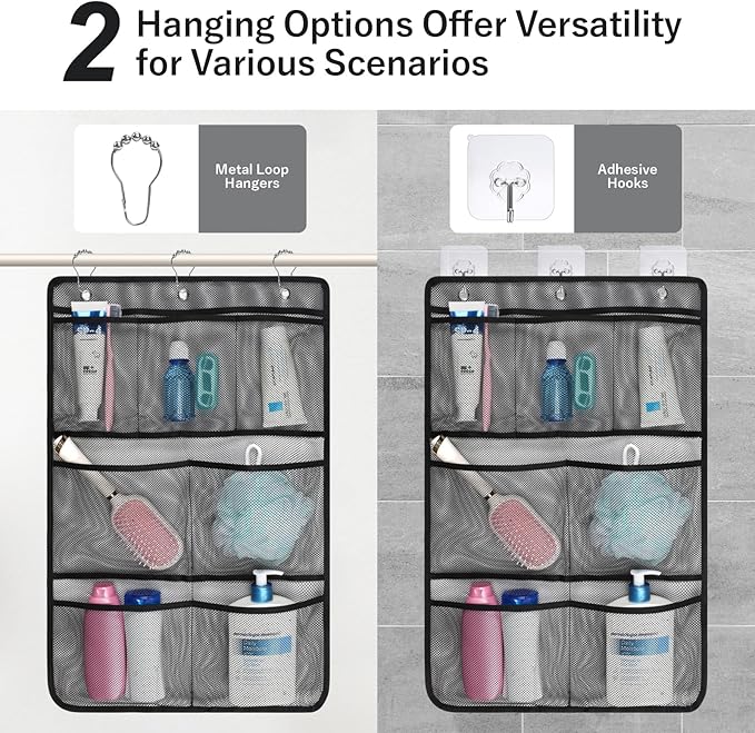 F-color Cruise Essentials 2026 - Mesh Shower Organizer Hanging with 7 Pockets for RV Gym Camping, Quick-Dry Portable Toiletry Bag with Metal Hooks for Bathroom Travel Toiletries, Black+Black
