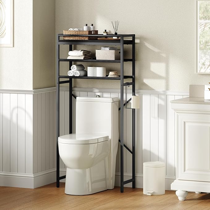 MAHANCRIS Over The Toilet Storage, 3-Tier Over Toilet Bathroom Organizer with Paper Holder, Freestanding Bathroom Shelves Above Toilet for Balcony Laundry Room, Space Saving, Black TSBK1201