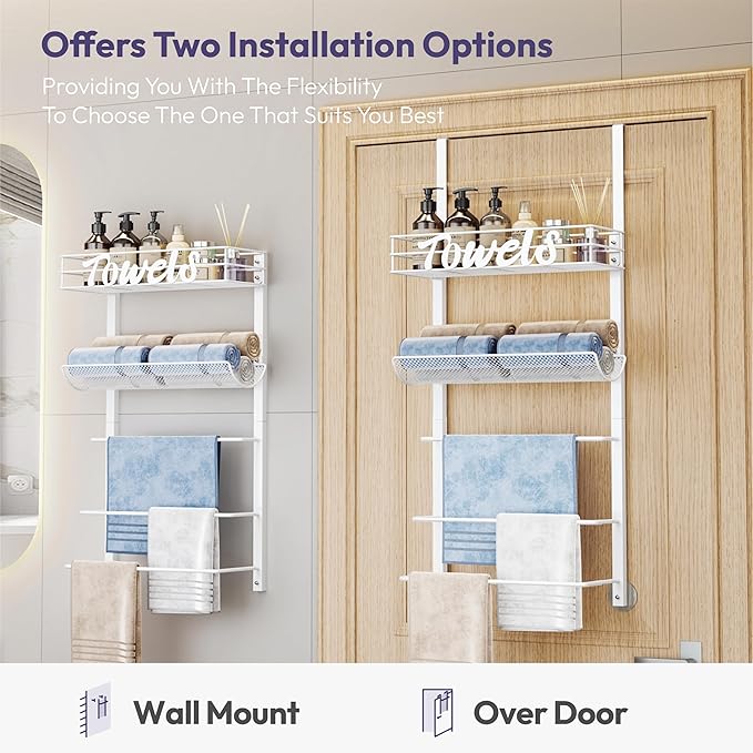 SWTYMIKI Over the Door Towel Racks for Bathroom - 5-Tier Wall Mounted Bathroom Towel Storage Organizer Holder with Metal Shelf, White