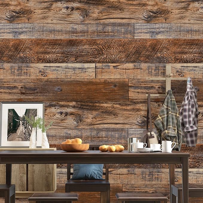 WENMER 17.71" x 118" Brown Wood Wallpaper Peel and Stick Shiplap Self Adhesive Contact Paper for Cabinet Countertop Shelf Drawer Wall Door