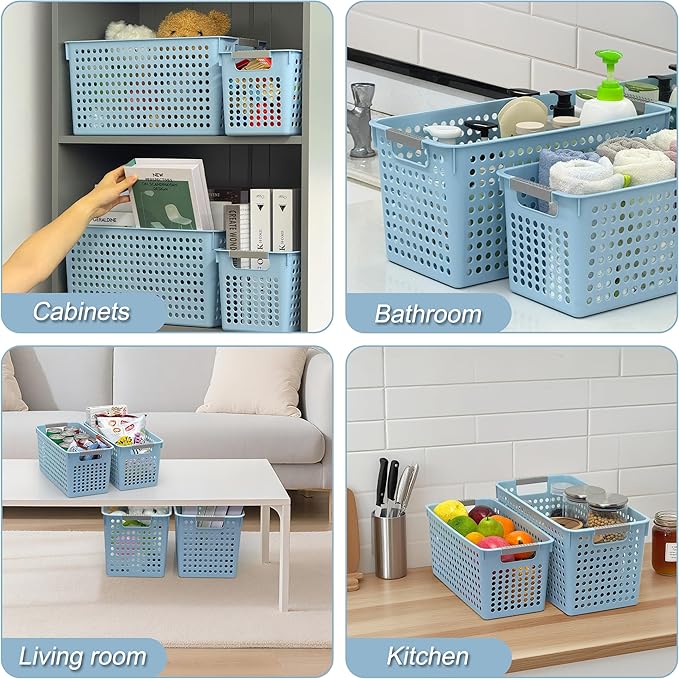 Soddeph Slim Plastic Storage Basket with Handles, Narrow Organizer box for Shelves, Organizer box for Organizing, Kitchen,Home,Office (Blue, Large)