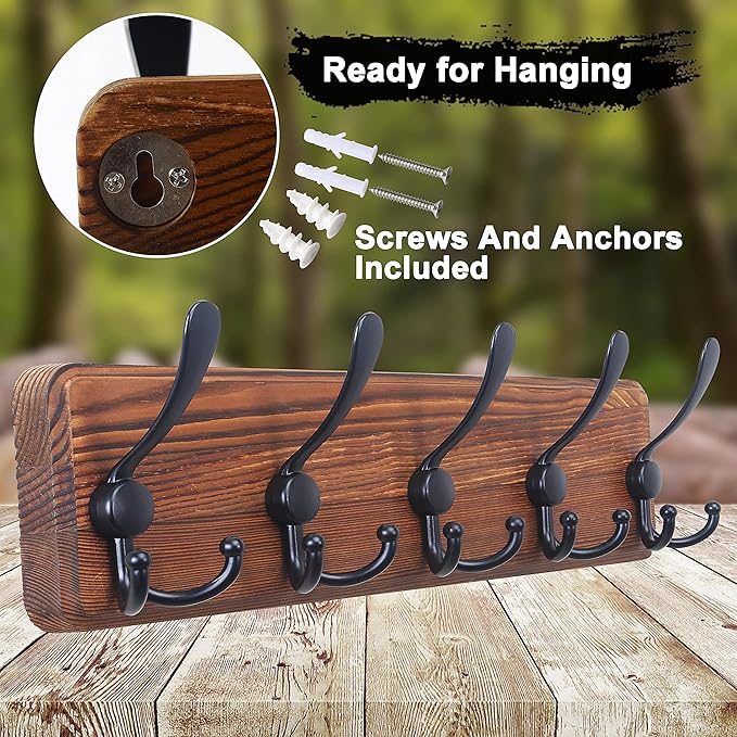 Dseap Coat Rack Wall Mounted - 5 Tri Hooks, Heavy Duty, Wooden Wall Coat Hanger Coat Hook for Clothes Hat Jacket Clothing, Natural & Black, 2 Packs