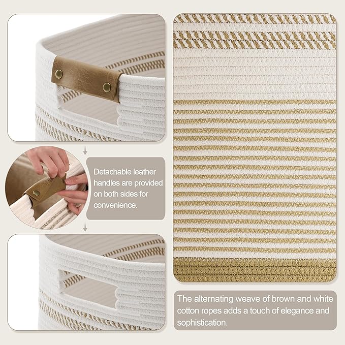 85L Tall Laundry Hamper with Handles for Living Room Storage, Extra Large Woven Rope Baskets Bin for Blanket, Kids Toy, Gifts, Wicker Hamper for Bedroom Dirty Clothes, 17"x14"x22" Khaki