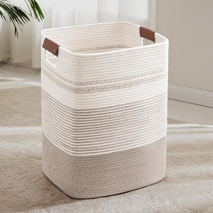 85L Tall Laundry Hamper with Handles for Living Room Storage, Extra Large Woven Rope Baskets Bin for Blanket, Kids Toy, Gifts, Wicker Hamper for Bedroom Dirty Clothes, 17"x14"x22" White Brown