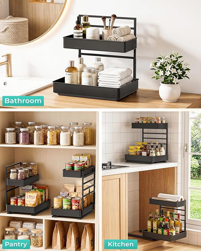 EVERIE Height Adjustable 2 Tier Metal Pull Out Slide Shelf Organizer for Under Sink Cabinets in Kitchen, Bathroom, with Snap-on Top Tray, 16" Deep (Black, 2 Sets) | Pull Out, Slide Shelf