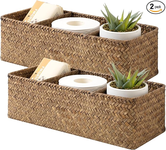 StorageWorks Toilet Paper Basket for Back of Toliet，with 3-Compartments, Basket Organizer, Seagrass Toilet Tank Basket, Brown, 2-Pack