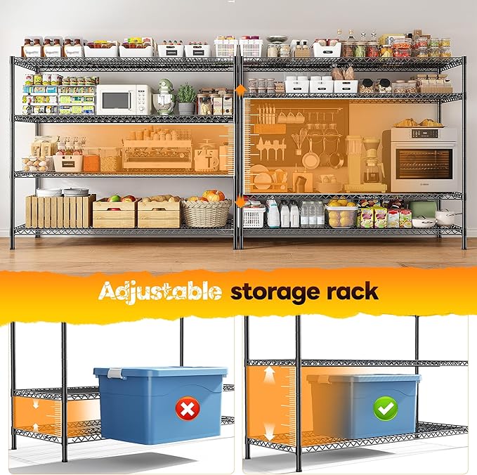 REIBII 55.5" W Storage Shelves 2560LBS Metal Shelving 4 Tier Wire Shelving Unit Garage Shelving Heavy Duty Metal Shelves for Storage Rack Commercial Adjustable Pantry Shelf, 55.5" W X 18''D X 71" H