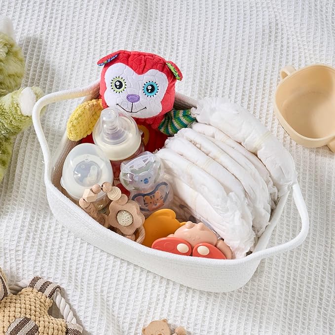 Small Woven Gift Basket Empty with Bag & Ribbon - Gifts for Mom, Baby Shower, Birthdays & Raffle - Cotton Rope Storage Basket for Dog Toys or Shelf - 12"x8"x5", White