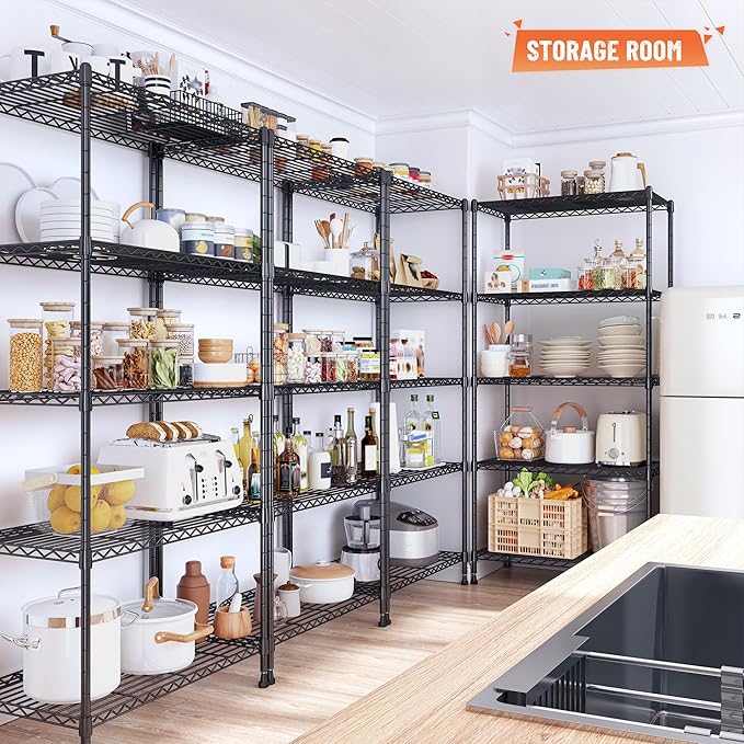 Romorgniz 5-Tier Shelf 1010LBS Storage Shelves Adjustable Wire Shelving,Tool-Free Assembly,Metal Shelving Unit for Kitchen Pantry Closet Laundry Bathroom 59" Hx21.7 Wx13.8 D,Black,2P
