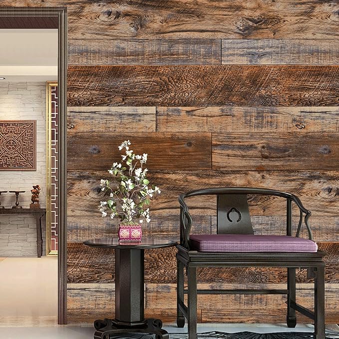 WENMER 23.6" x 197" Brown Wood Peel and Stick Wallpaper Shiplap Self Adhesive Wallpaper Wood Plank Wall Paper for Cabinet Countertop Shelf Drawer Wall Door