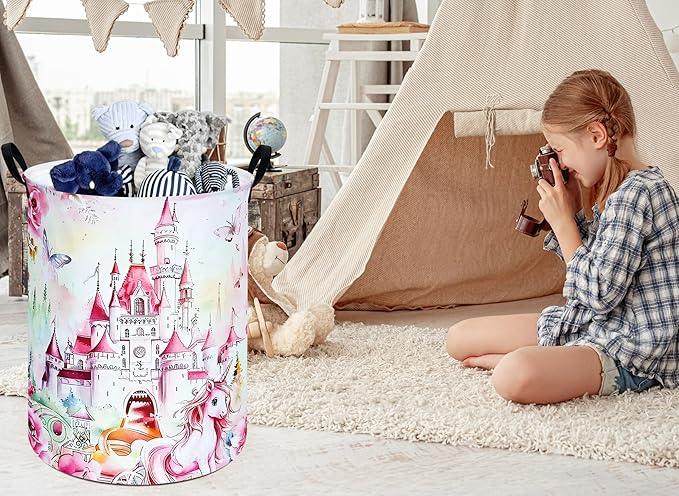 Round Castle Pattern Laundry Hamper Clothes Storage Basket Fabric Storage Hamper Organization Storage Bin, Nursery Box,Gift Basket with Handles