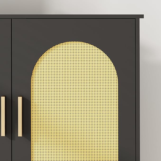 Homhedy 67" H Over The Toilet Storage Cabinet, Bathroom Organizer with Rattan Decorated Doors, Adjustable Shelves, Toilet Paper Holder, Space-Saving Bathroom Shelf for Small Spaces, Natural and Black