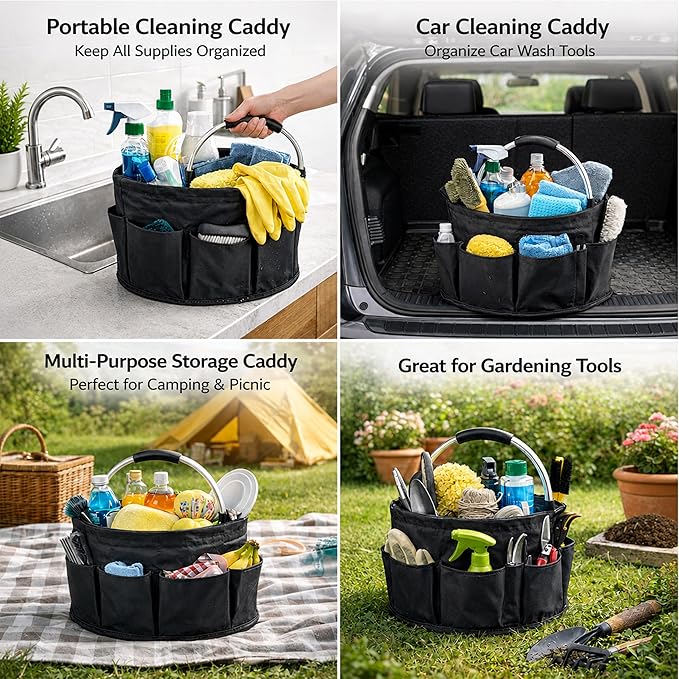 Cleaning Caddy Organizer with Handle, 17L Large Capacity Foldable Storage Bucket, Heavy-Duty 600D Oxford Fabric with 6 Pockets for Car Cleaning, Gardening Tools, Camping (Black)