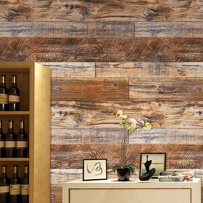 WENMER 11.8" x 197" Brown Wood Wallpaper Peel and Stick Wallpaper Shiplap Self Adhesive Wall Paper Wood Contact Paper for Cabinet Countertop Shelf Drawer Wall Door
