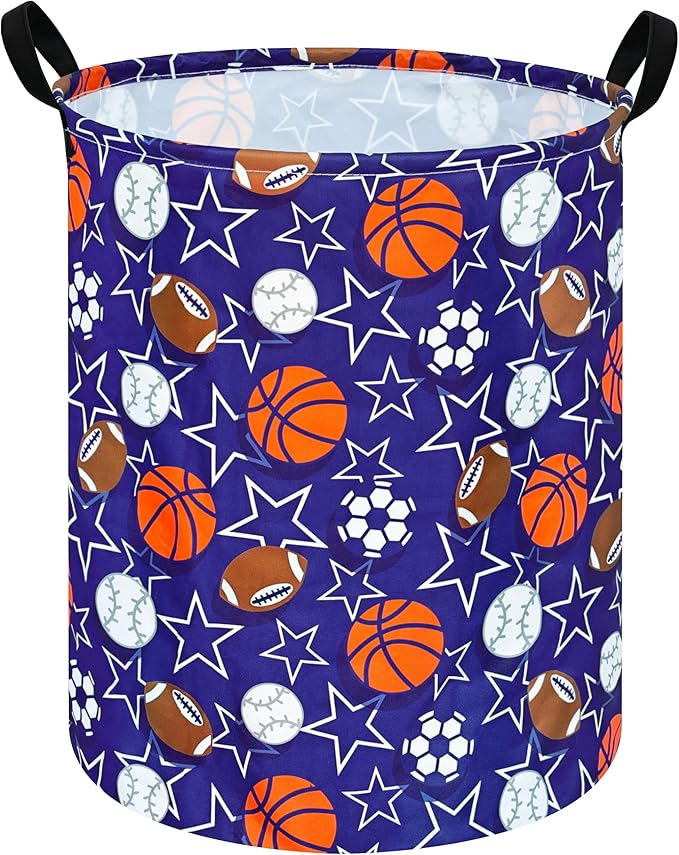 Kids Laundry Hamper Storage Basket Laundry Organizer Hamper Storage Bins Clothes Box Nursery Hamper Gift Basket with Handles (Star basketball)