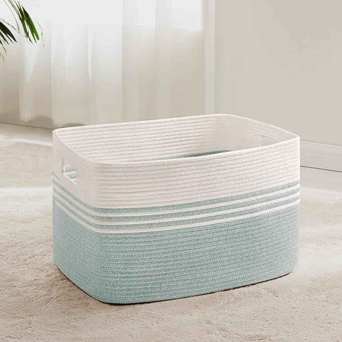 60L Laundry Basket for Living Room Storage, Woven Rope Baskets Bin for Blanket, Kids Toy, Gifts, Wicker Hamper for Bedroom Dirty Clothes, White Green