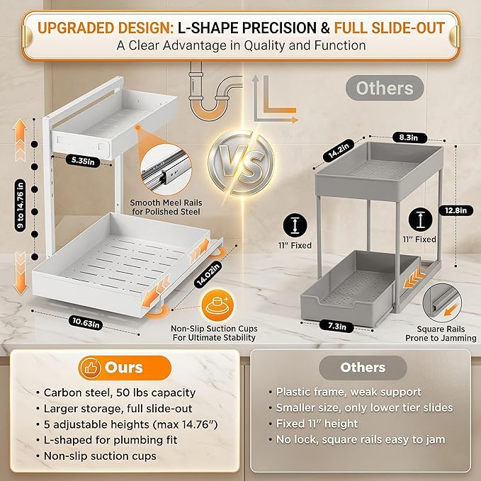 Under Sink Organizer, Kitchen & Bathroom Storage Solution with L-Shaped Design Fits Around Pipes, 2-Tier Slide-Out Metal Drawer, Adjustable Height for Cabinet Laundry Organization (Cream White)