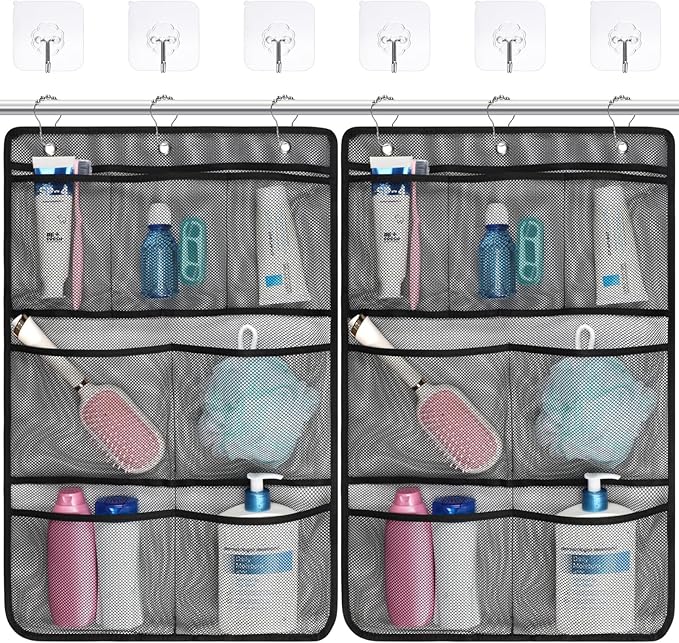 F-color Cruise Essentials 2026 - Mesh Shower Organizer Hanging with 7 Pockets for RV Gym Camping, Quick-Dry Portable Toiletry Bag with Metal Hooks for Bathroom Travel Toiletries, Black+Black