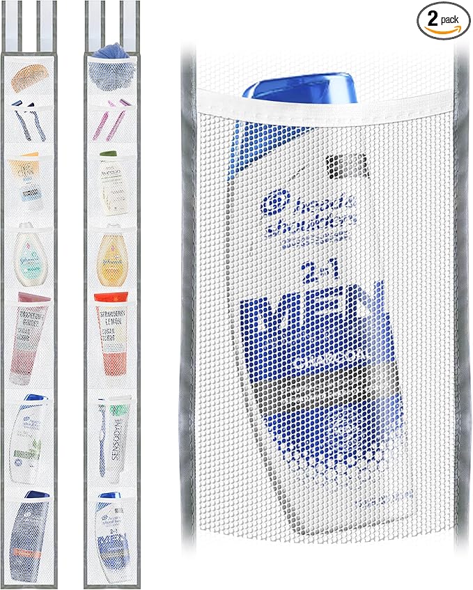 Skywin 7 Pockets Hanging Shower Curtain Liner Caddy 60 x 6 Inches (2 Pack) - 100% Polyester Mesh Shower Caddy Hanging - Shower Organizer for Shower Rod or Door with Adjustable Velcro Strap