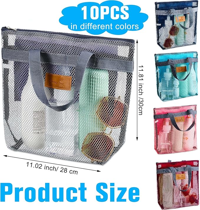 Tudomro 10 Pcs Mesh Shower Bag Caddy Tote Portable Quick Dry Tote Bag Lightweight Hanging Toiletry Bath Organizer for College Dorm Gym Swimming Beach Travel Games Sports (Gray Handle)