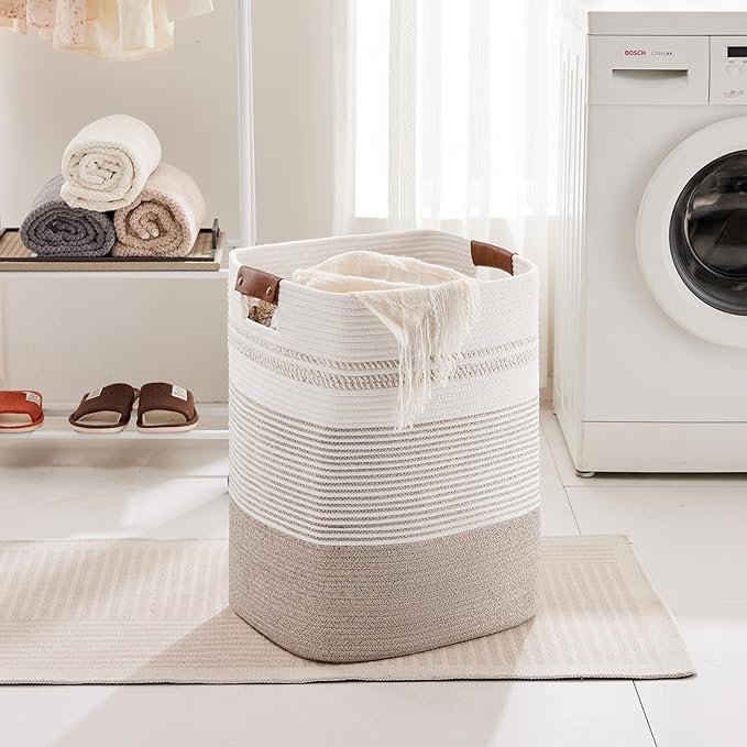 85L Tall Laundry Hamper with Handles for Living Room Storage, Extra Large Woven Rope Baskets Bin for Blanket, Kids Toy, Gifts, Wicker Hamper for Bedroom Dirty Clothes, 17"x14"x22" White Brown