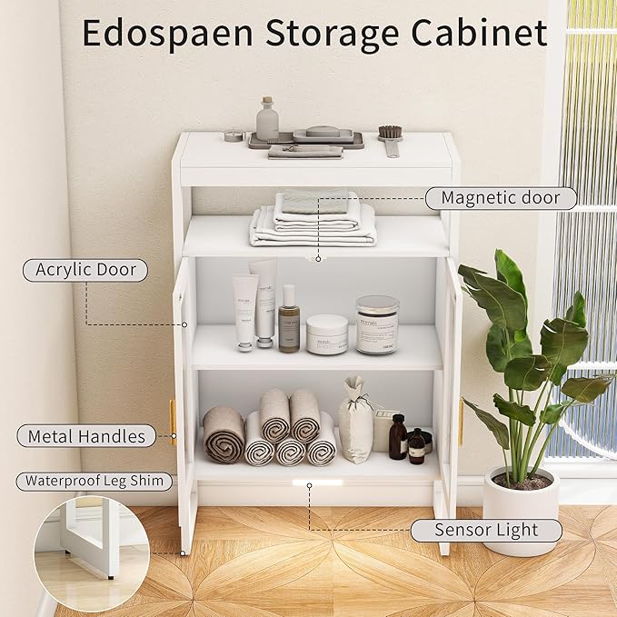 Bathroom Floor Storage Cabinet Freestanding Organizer with Sensor Light & Acrylic Doors for Bathroom, Home Office, Bedside, Sofa Side Table