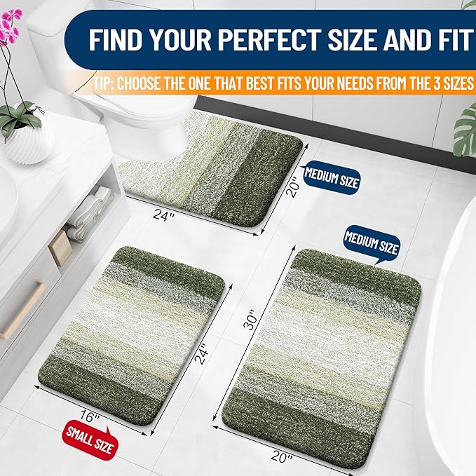 OLANLY Bathroom Rug Set 2 Piece, Soft Absorbent Microfiber Bath Mats and U-Shaped Contour Toilet Rug, Non-Slip, Machine Wash Dry, Plush Shaggy Bath Mats for Bathroom (24"x16"+24"x20", Dark Green)