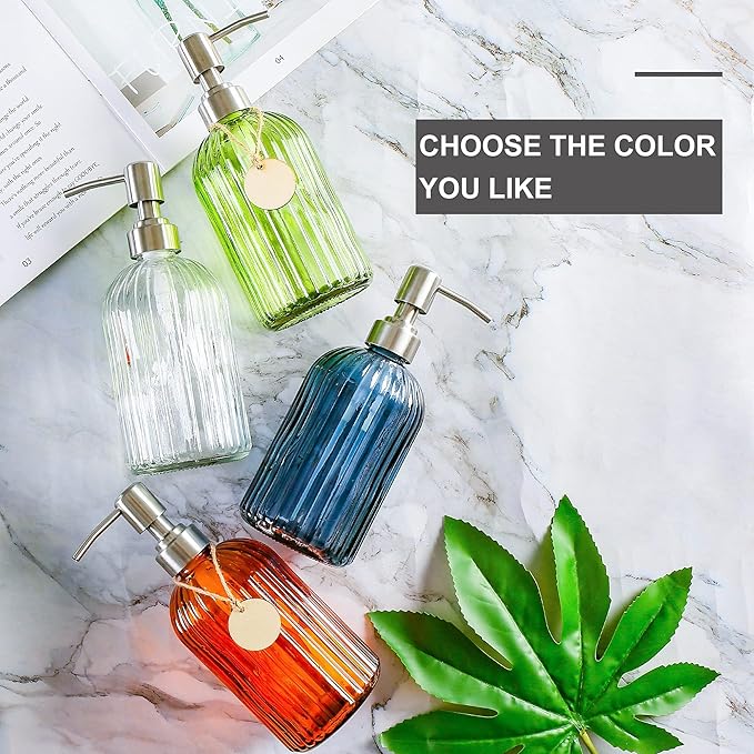 MOCLIF 16 OZ Soap Dispenser，Tempered Glass Clear Vertical Stripe with 304 Rust Proof Stainless Steel Pump Refillable Liquid Hand Soap Dispenser，for Bathroom, Kitchen, Dish Soap，Lotion (Clear)