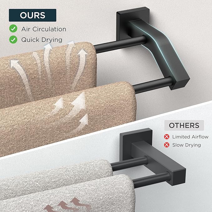 FORIOUS Double Towel Bar, 24 Inch Dual Towel Racks for Bathroom Wall Mounted, Thicken SUS304 Stainless Steel Bath Square Towel Rod Towel Holder Rail, Matte Black