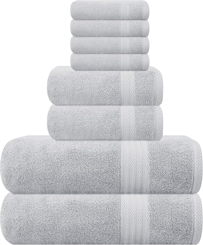 GLAMBURG Ultra Soft 8 Piece Towel Set - 100% Pure Ring Spun Cotton, Contains 2 Oversized Bath Towels 27x54, 2 Hand Towels 16x28, 4 Wash Cloths 13x13 - Ideal for Everyday use, Hotel & Spa - Light Grey