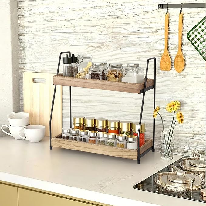 Bathroom Vanity Organizer 2-Tier Wood Countertop Storage Counter Shelf for Makeup Skincare Perfume Jewelry Tray Spice Rack Nature