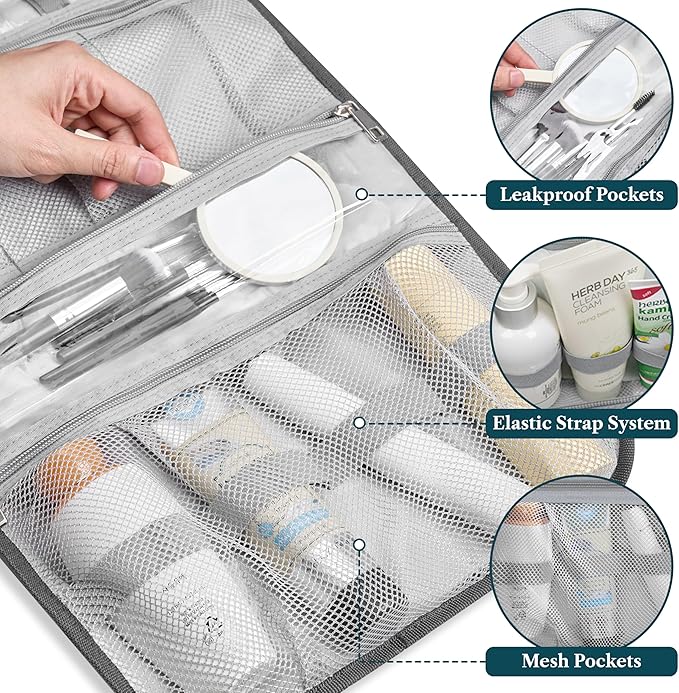 PAVILIA Hanging Toiletry Bag for Women Men, Large Foldable Toiletries Organizer with Hook, Water-Resistant Makeup Cosmetic Rollup Case, Clear Pockets for Bathroom, Gym, Cruise (Floral Grey)