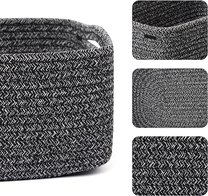 MiniArk Small Storage Baskets for Organizing | Closet Organizer Bins | Shelf Toy Basket | Woven Rope Baskets | Cube Decorative Box | Shallow Basket | 13x8.5x5.1” | 4 Packs Dark Gray