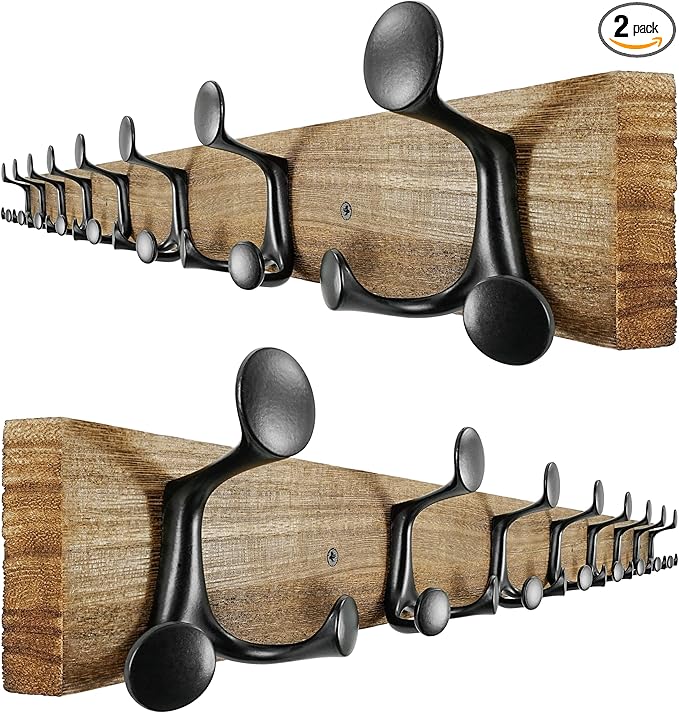 SKOLOO 43-Inch Wood Burnt Coat Rack Wall Mount with 8 Triple Hooks - Ideal for Family Entrances, Classrooms, and Pet Supplies Storage - Perfect Coat Hooks for Wall, Pack of 2