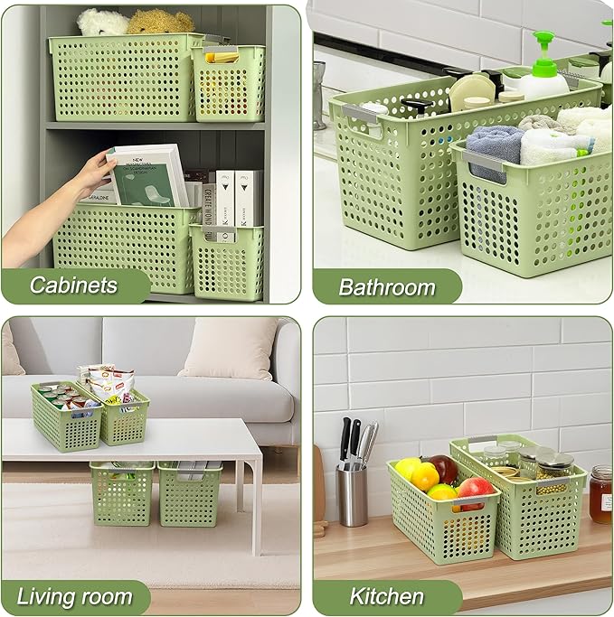 Soddeph Slim Plastic Storage Basket with Handles, Narrow Organizer box for Shelves, Organizer box for Organizing, Kitchen,Home,Office (Green, Large)